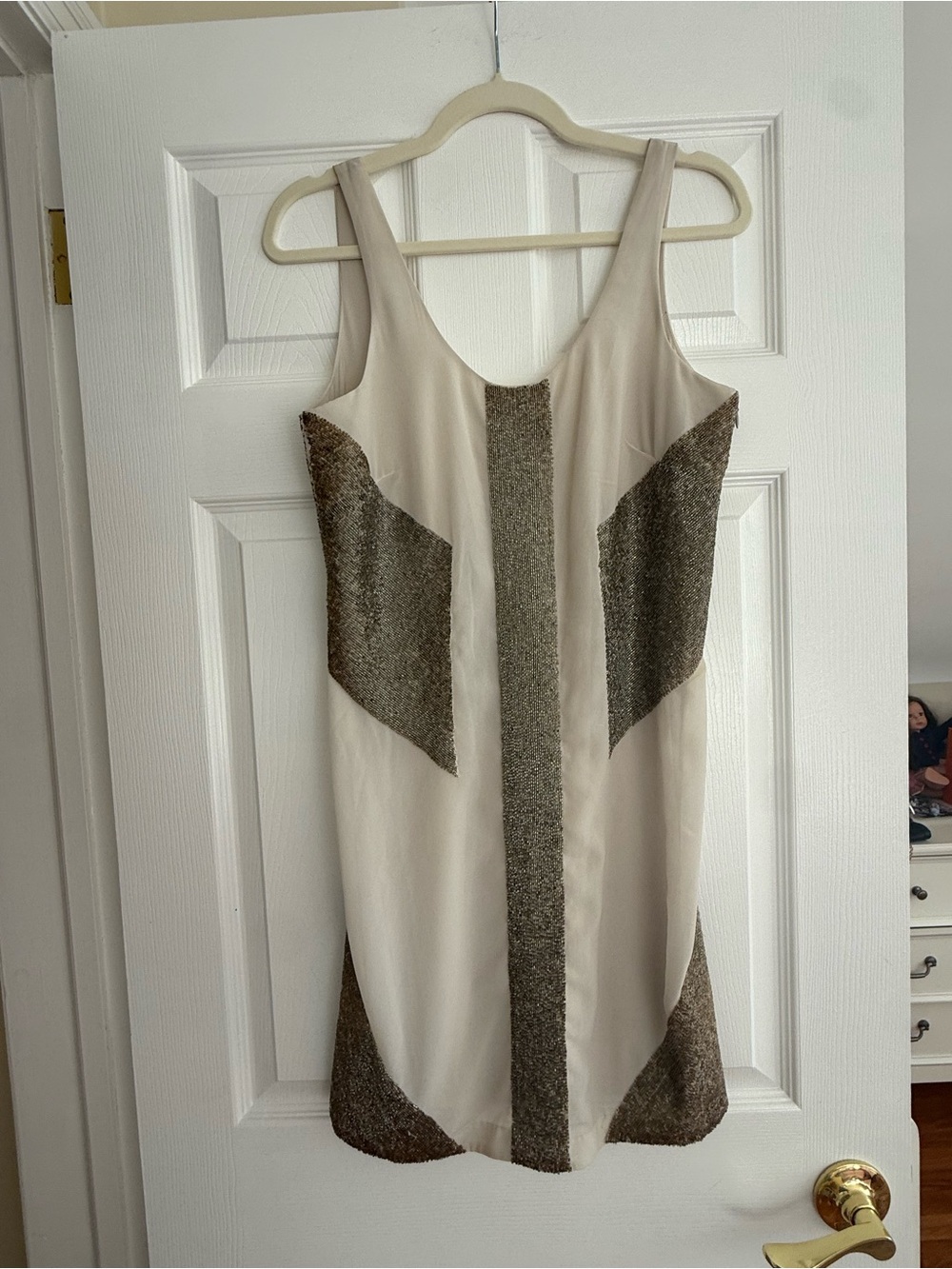 Armani Exchange Cream Mini Dress with Metallic Bronze Panels